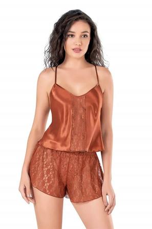 Tarçın  Saten Dantel Detaylı Kadın İp Askılı Şortlu Pijama Takımı 
