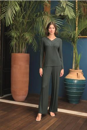 Uzun Kollu Önü Düğmeli V Yaka Yeşil Pijama Takımı