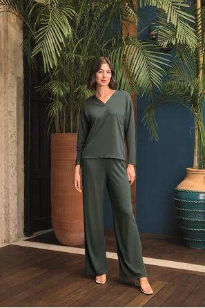 Uzun Kollu V Yaka Yeşil Pijama Takımı