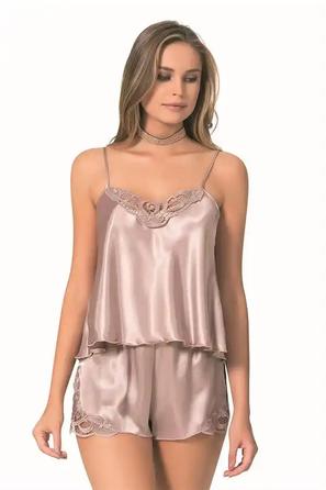 Vizon Saten Dantel Detaylı Kadın İp Askılı Fantezi Şortlu Takım 