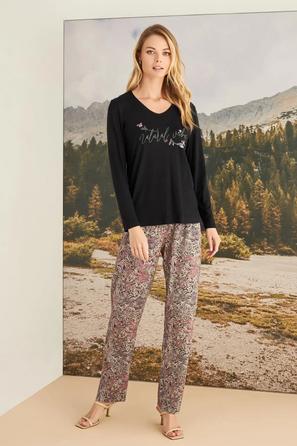 Yaprak Desenli Natural Vibes Siyah Pijama Takımı