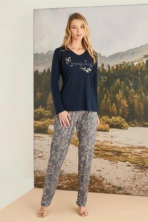 Yaprak Desenli Romantic Life Lacivert Pijama Takımı