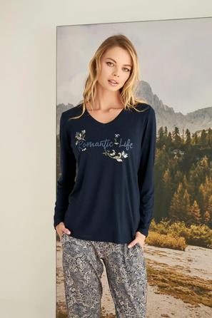 Yaprak Desenli Romantic Life Lacivert Pijama Takımı