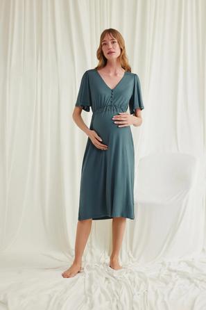 Dantelli Önü Düğmeli Yeşil Hamile Lohusa Gecelik