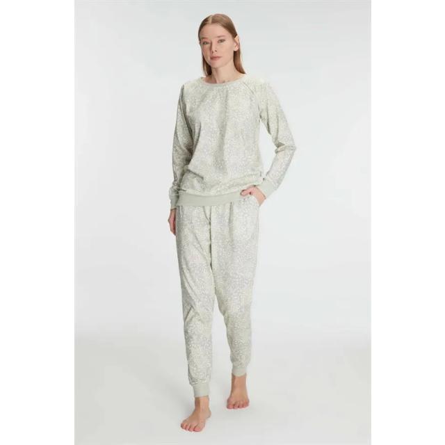 Açık Gri Pamuklu Uzun Kollu Desenli Kadın Pijama Takımı Açık Gri Pamuklu Uzun Kollu Desenli Kadın Pijama Takımı