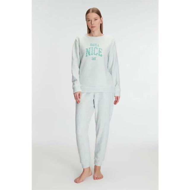 Açık Mint Polar Uzun Kollu Baskılı Kadın Pijama Takımı Açık Mint Polar Uzun Kollu Baskılı Kadın Pijama Takımı