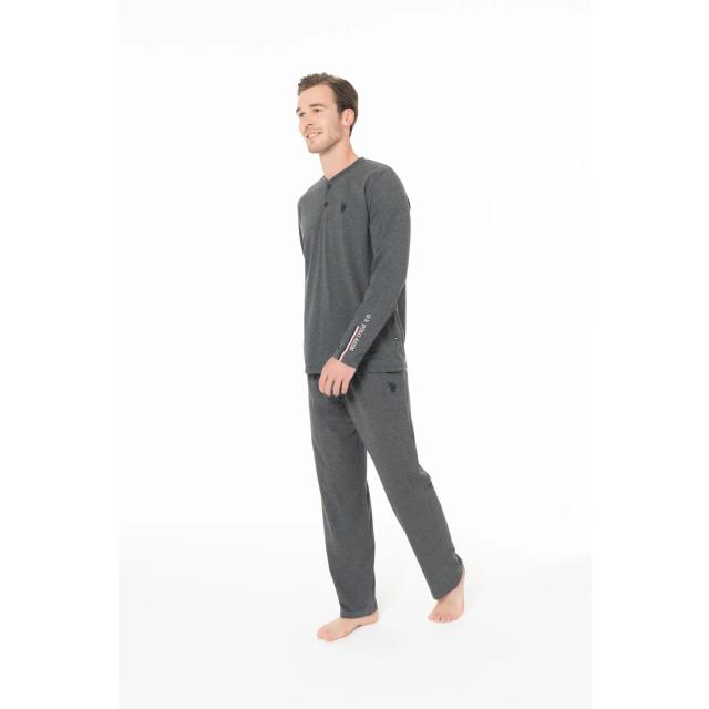 Antrasit Melanj Pamuklu Erkek Uzun Kollu Düğmeli Yaka Pijama Takımı U.S. Polo Assn. 