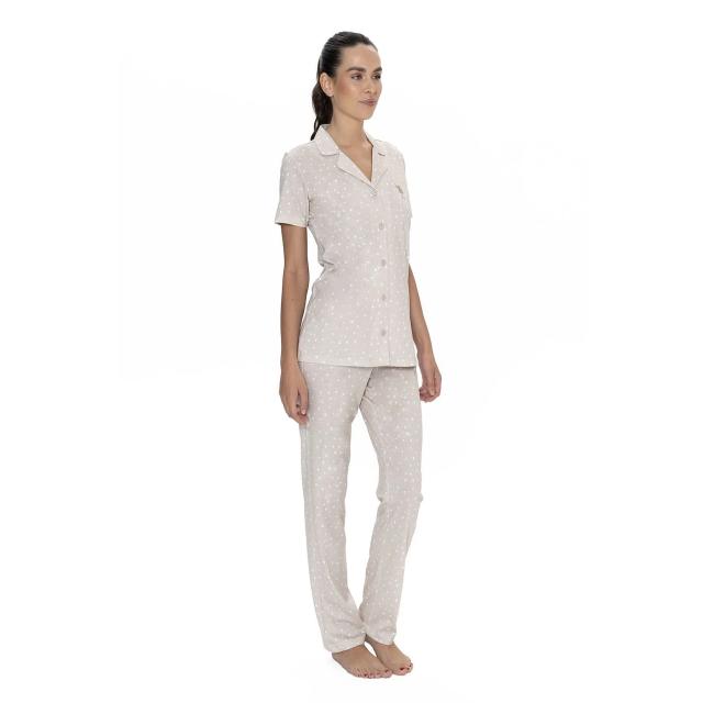 Bej Pamuklu Kadın Kısa Kollu Gömlek Yaka Puantiye Desenli Pijama Takımı U.S. Polo Assn. Bej Pamuklu Kadın Kısa Kollu Gömlek Yaka Puantiye Desenli Pijama Takımı U.S. Polo Assn.