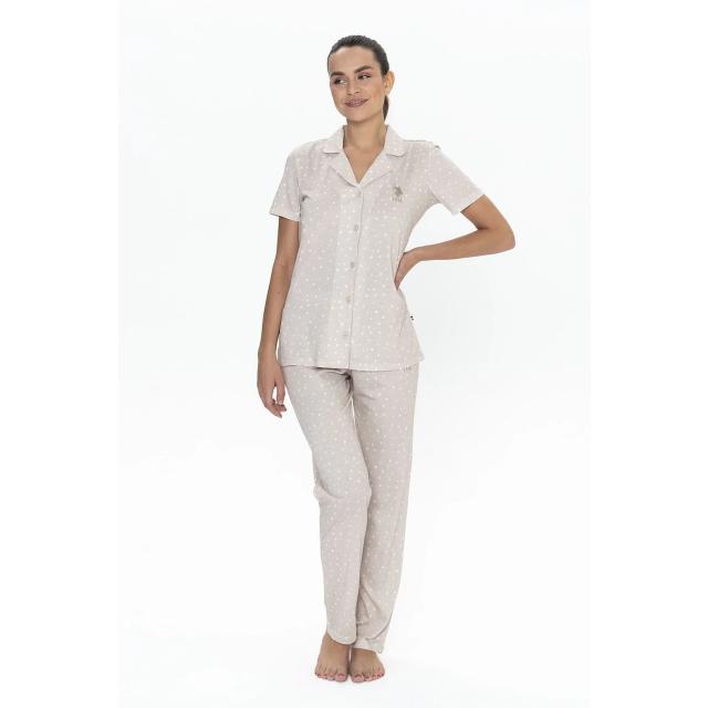 Bej Pamuklu Kadın Kısa Kollu Gömlek Yaka Puantiye Desenli Pijama Takımı U.S. Polo Assn.