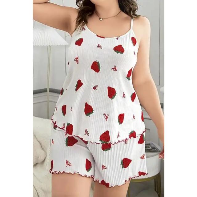 Beyaz Pamuklu İnce Askılı Çilek Desenli Bayan Büyük Beden Şortlu Pijama Takımı