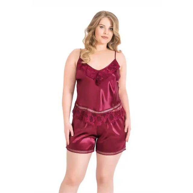 Bordo Büyük Beden Saten Dantelli Babydoll Şort Takımı