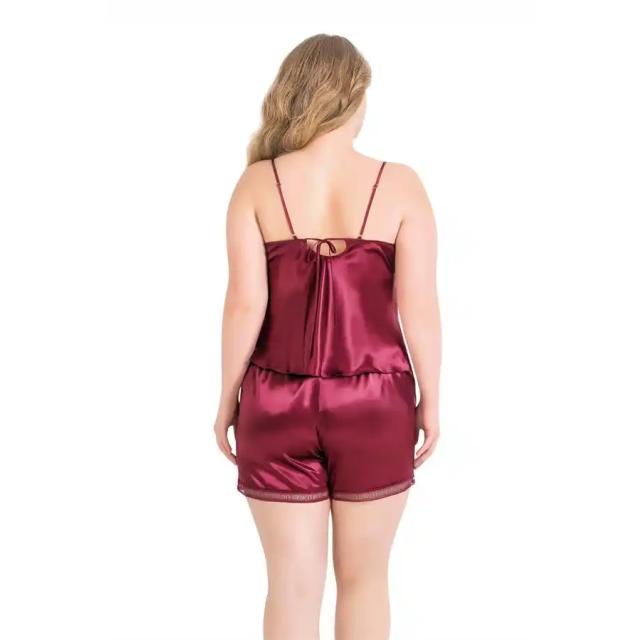 Bordo Büyük Beden Saten Dantelli Babydoll Şort Takımı