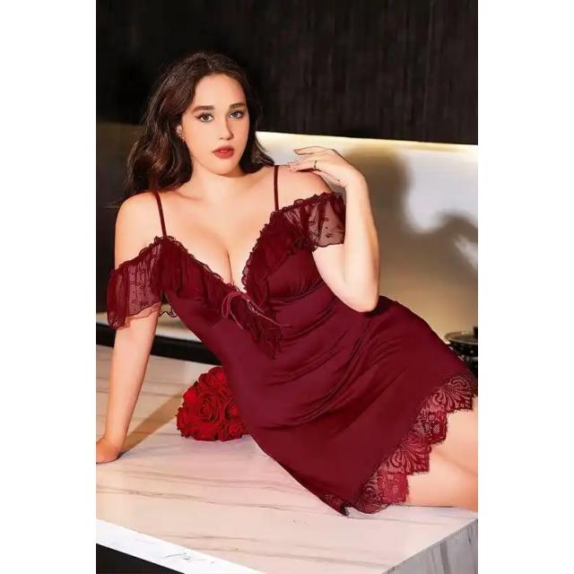 Bordo Dantel Detaylı Kadın İnce Askılı Gecelik