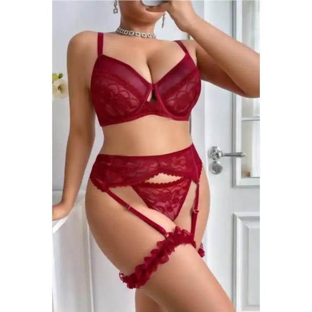 Bordo Dantel İşlemeli Sütyenli Jartiyer Takımı