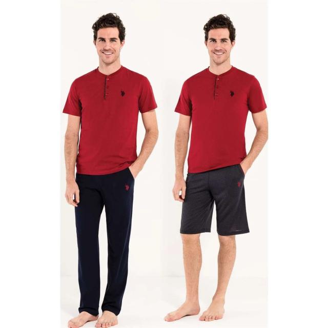 Bordo Pamuklu Düğmeli Yaka Kısa Kollu Erkek 3'lü Pijama Takımı U.S. Polo Assn. Bordo Pamuklu Düğmeli Yaka Kısa Kollu Erkek 3'lü Pijama Takımı U.S. Polo Assn.