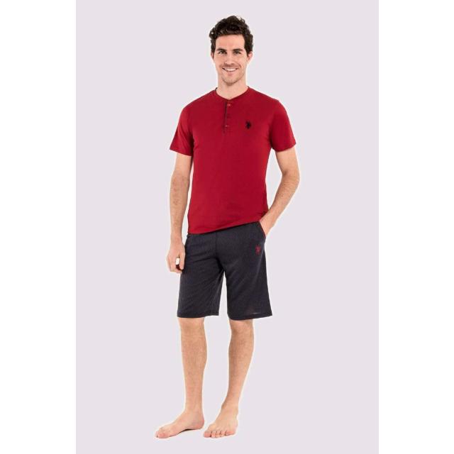 Bordo Pamuklu Düğmeli Yaka Kısa Kollu Erkek 3'lü Pijama Takımı U.S. Polo Assn.