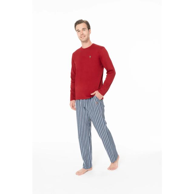 Bordo Pamuklu Erkek Uzun Kollu Bisiklet Yaka Çizgili Pijama Takımı U.S. Polo Assn.
