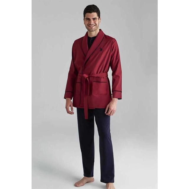 Bordo Pamuklu Şal Yaka Sabahlık Düğmeli Yaka Uzun Kollu Erkek Pijama Seti U.S. Polo Assn.