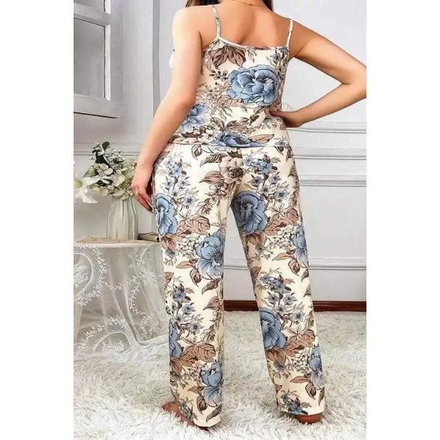 Ekru Saten İp Askılı Mavi Çiçek Desenli Kadın 2 li Pijama Takımı