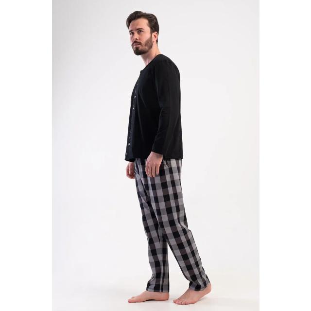 Erkek Büyük Beden Süprem Siyah Gri Ekoseli Uzun Kollu Düğmeli Pijama Takımı