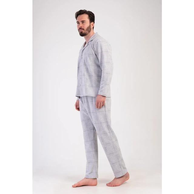Erkek Jakarlı Açık Gri Gömlek Yaka Düğmeli Uzun Kollu Pijama Takımı