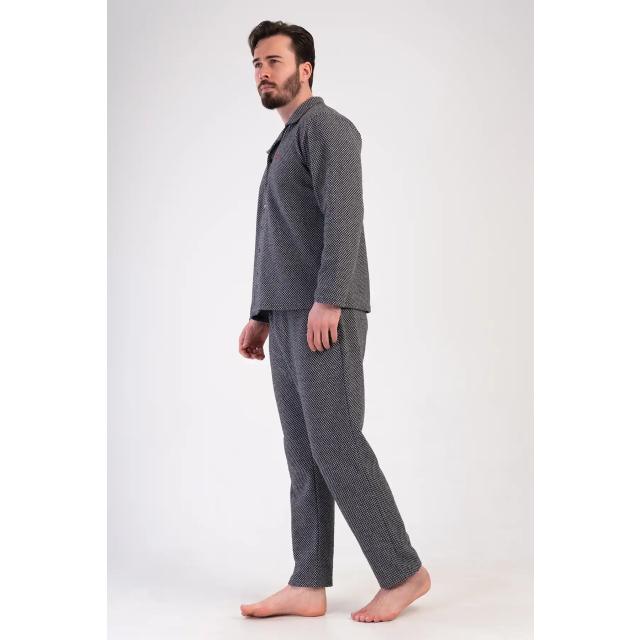 Erkek Jakarlı Gri Gömlek Yaka Düğmeli Uzun Kollu Pijama Takımı