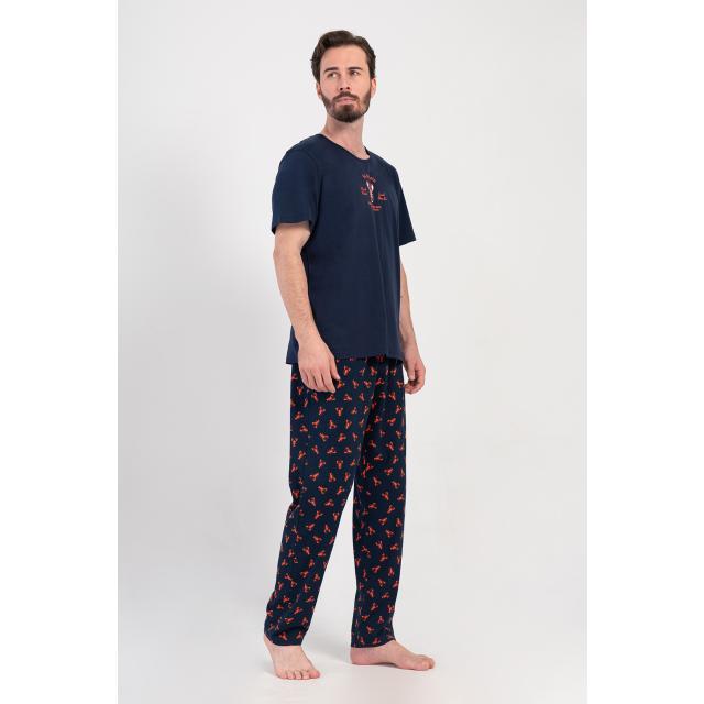 Erkek Lacivert Suprem O Yaka Kısa Kol Cepli Pijama Takım