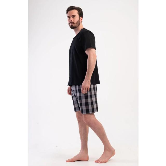 Erkek Süprem Siyah Ekoseli Gömlek Yaka Düğmeli Kısa  Kollu Şortlu  Pijama Takımı