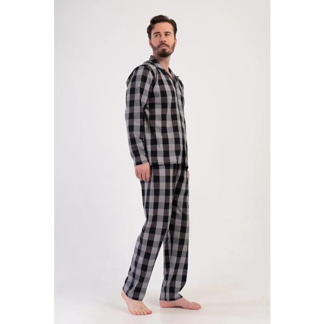 Erkek Süprem Siyah Ekoseli Gömlek Yaka Düğmeli Uzun Kollu Pijama Takımı