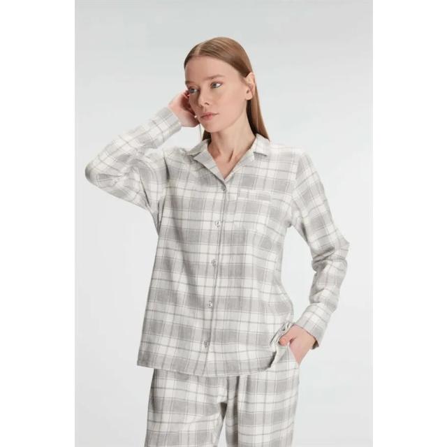 Gri Ekose Pamuklu Düğmeli Uzun Kollu Kadın Pijama Takımı
