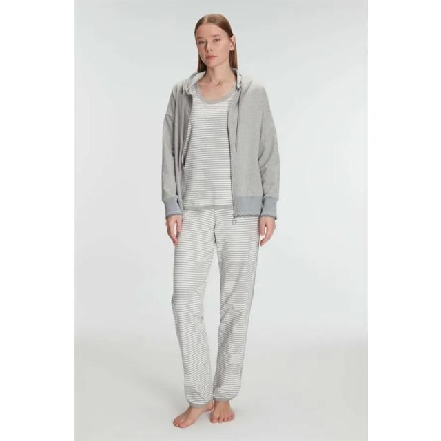 Gri Pamuklu Çizgili Kapüşonlu Fermuarlı Uzun Kollu Sweatshirt Sıfır Kollu Tişört ve Pantolon Kadın Pijama Takımı Gri Pamuklu Çizgili Kapüşonlu Fermuarlı Uzun Kollu Sweatshirt Sıfır Kollu Tişört ve Pantolon Kadın Pijama Takımı