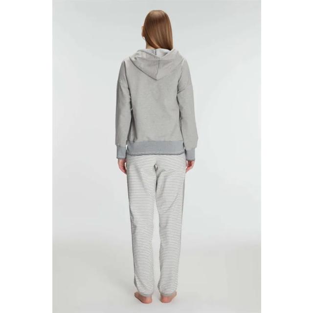 Gri Pamuklu Çizgili Kapüşonlu Fermuarlı Uzun Kollu Sweatshirt Sıfır Kollu Tişört ve Pantolon Kadın Pijama Takımı