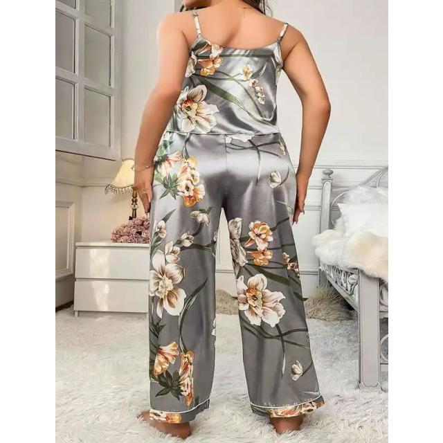 Gri Saten İnce Askılı Çiçek Desenli Büyük Beden 2 li Pijama Takımı