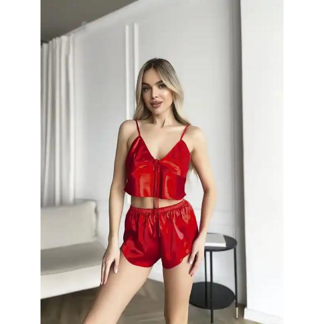 İnce Askılı Kırmızı Saten Şortlu Takım