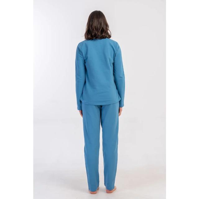 Kadın 2 İplik Büyük Beden Mavi Cepli Uzun Kollu Pijama Takım
