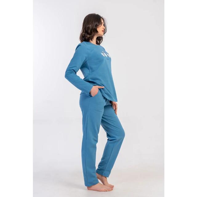 Kadın 2 İplik Mavi Cepli Uzun Kollu Pijama Takım