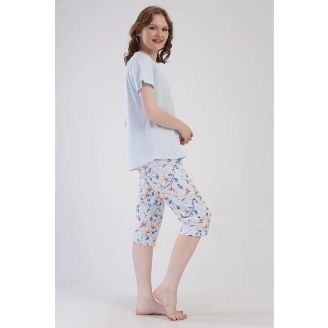 Kadın Büyük Beden Açık Mavi Çiçek Desenli Kapri Pijama Takım