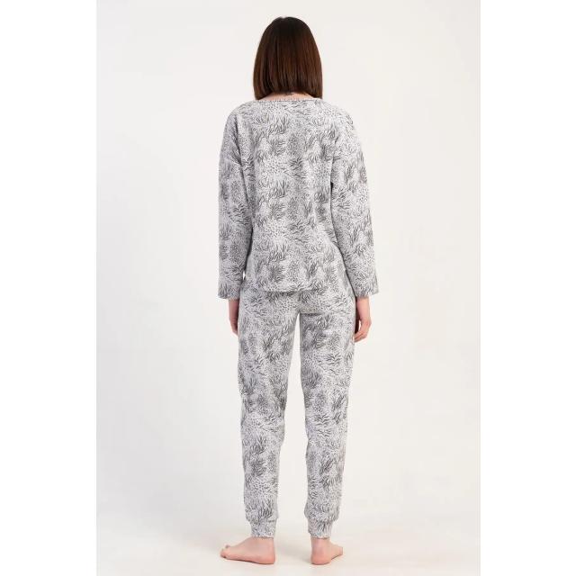 Kadın Büyük Beden Jakarlı Gri Desenli Uzun Kollu Cepli Pijama Takım 