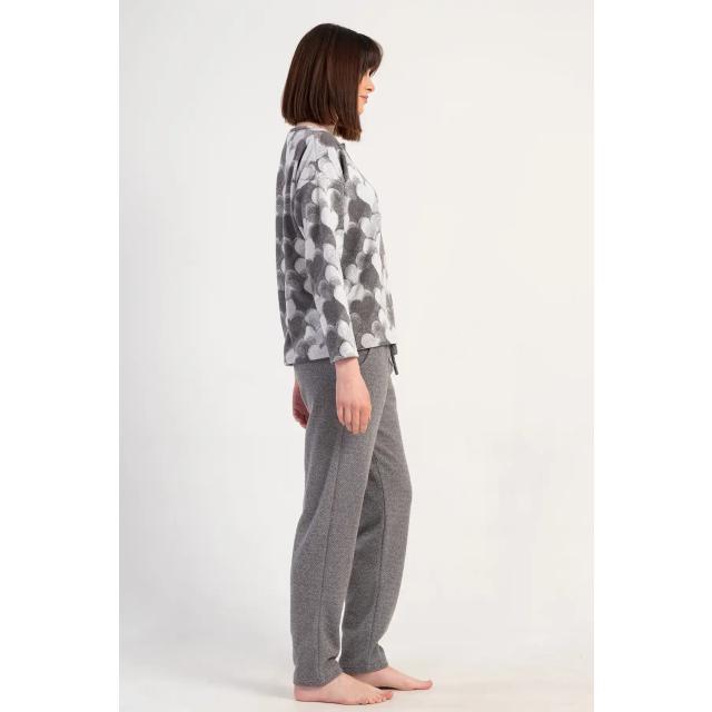 Kadın Büyük Beden Jakarlı Gri Desenli Uzun Kollu Pijama Takımı
