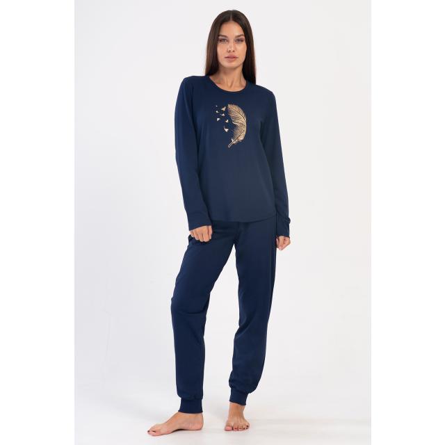 Kadın Büyük Beden Lacivert Süprem O Yaka Uzun Kol Manşetli Pijama Takım