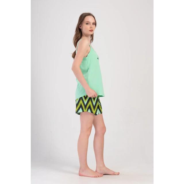 Kadın Büyük Beden Mint Yeşili Desen İp Askılı Şortlu Pijama Takım