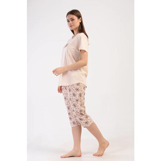 Kadın Büyük Beden Süprem Bej Kısa Kollu Kapri Pijama Takım