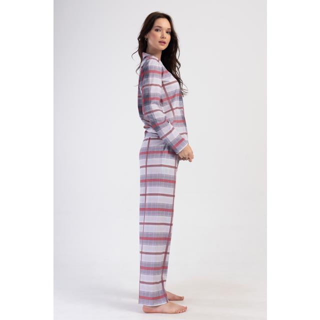 Kadın Büyük Beden Süprem Gömlek Yaka Düğmeli Uzun Kol Cepli Ekose Pijama Takım