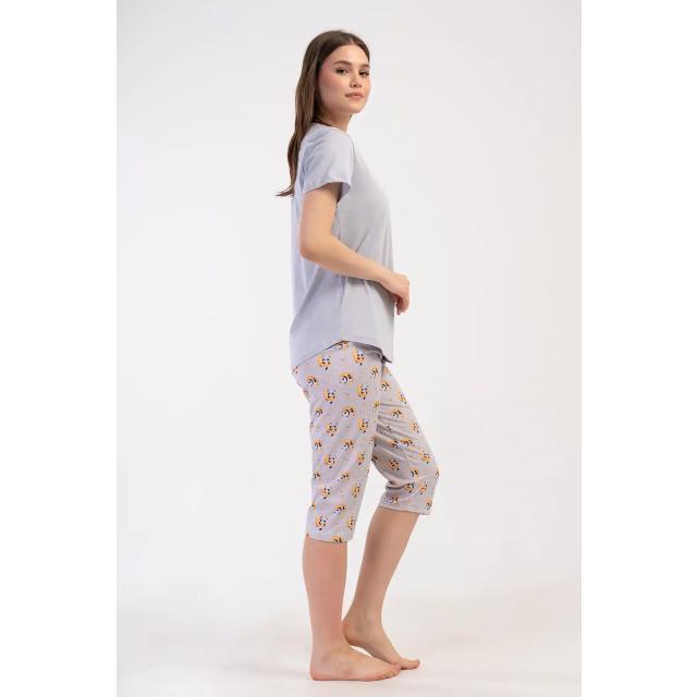Kadın Büyük Beden Süprem Gri Panda Desenli Kısa Kollu Kapri Pijama Takım