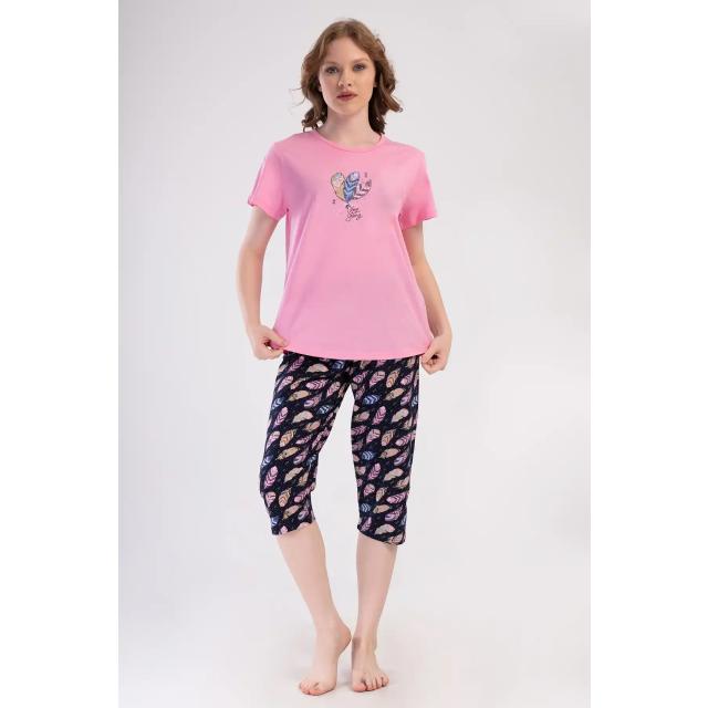 Kadın Büyük Beden Süprem Lacivert Pembe Desenli Kapri Pijama Takım Kadın Büyük Beden Süprem Lacivert Pembe Desenli Kapri Pijama Takım
