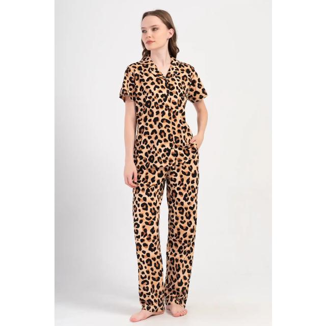 Kadın Büyük Beden Süprem Leopar Gömlek Kısa Kollu Pijama Takım Kadın Büyük Beden Süprem Leopar Gömlek Kısa Kollu Pijama Takım