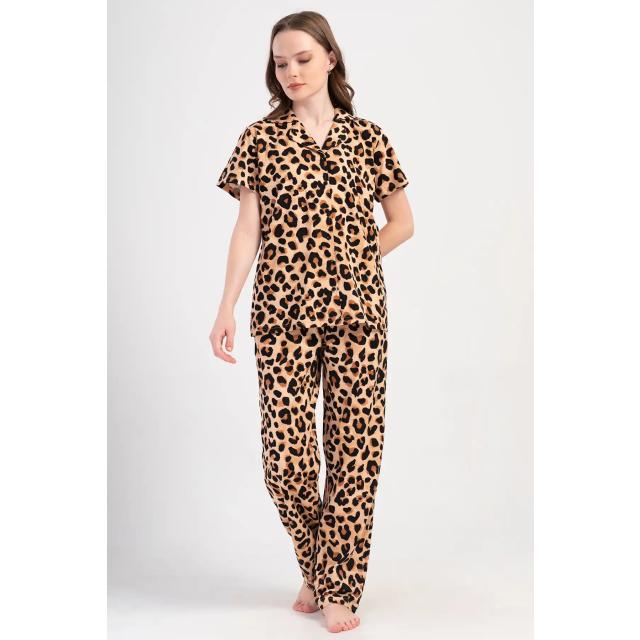 Kadın Büyük Beden Süprem Leopar Gömlek Kısa Kollu Pijama Takım