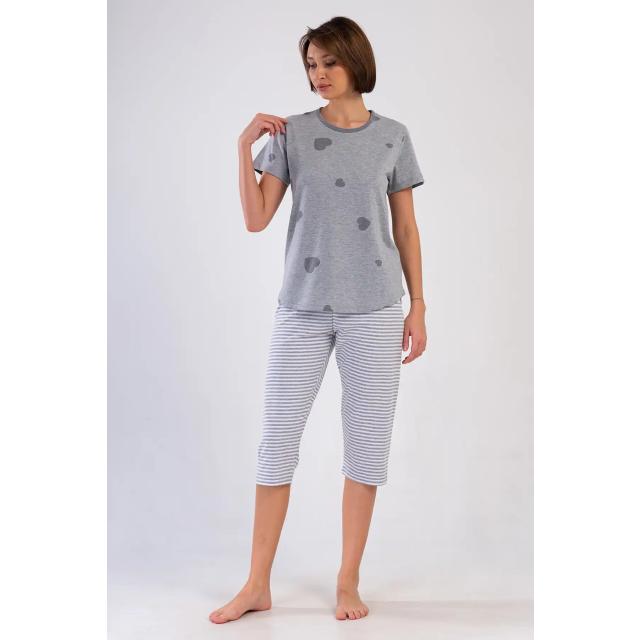 Kadın Büyük Beden Süprem Melanj Gri Desenli Çizgili Kapri Pijama Takım Kadın Büyük Beden Süprem Melanj Gri Desenli Çizgili Kapri Pijama Takım