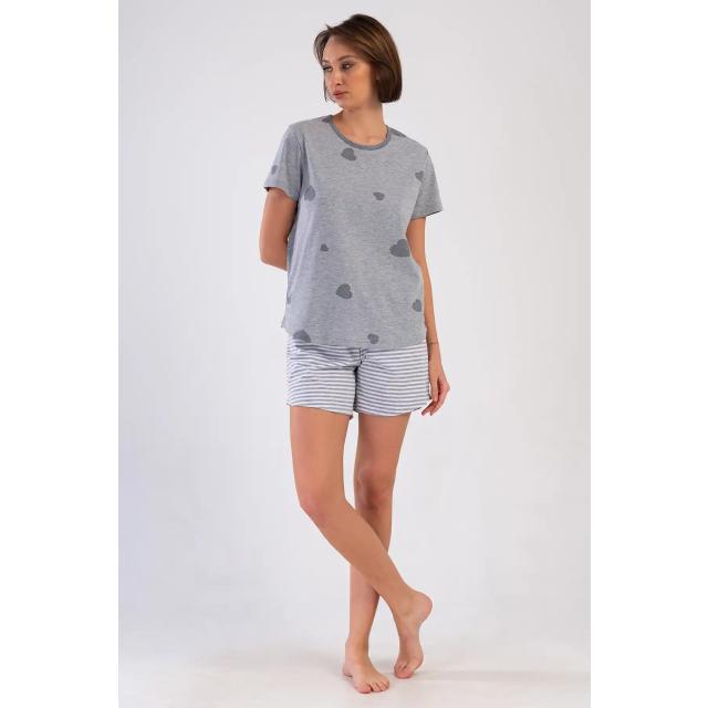Kadın Büyük Beden Süprem Melanj Gri Kısa Kol Desenli Çizgili Şortlu Pijama Takım