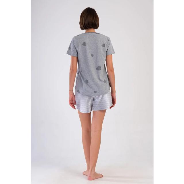 Kadın Büyük Beden Süprem Melanj Gri Kısa Kol Desenli Çizgili Şortlu Pijama Takım